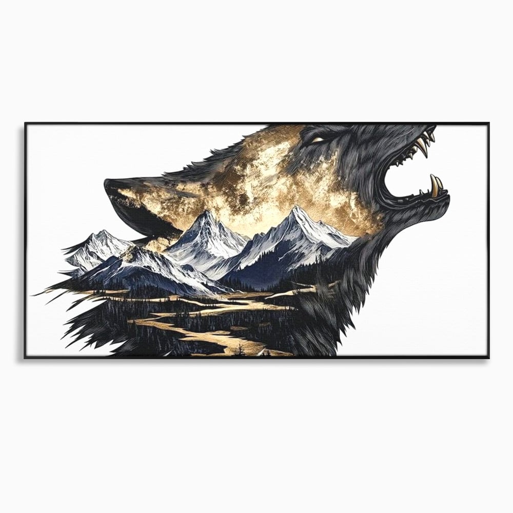 Tablou canvas cu ilustratie cu lup care urla si munti, in rama de aluminiu negru